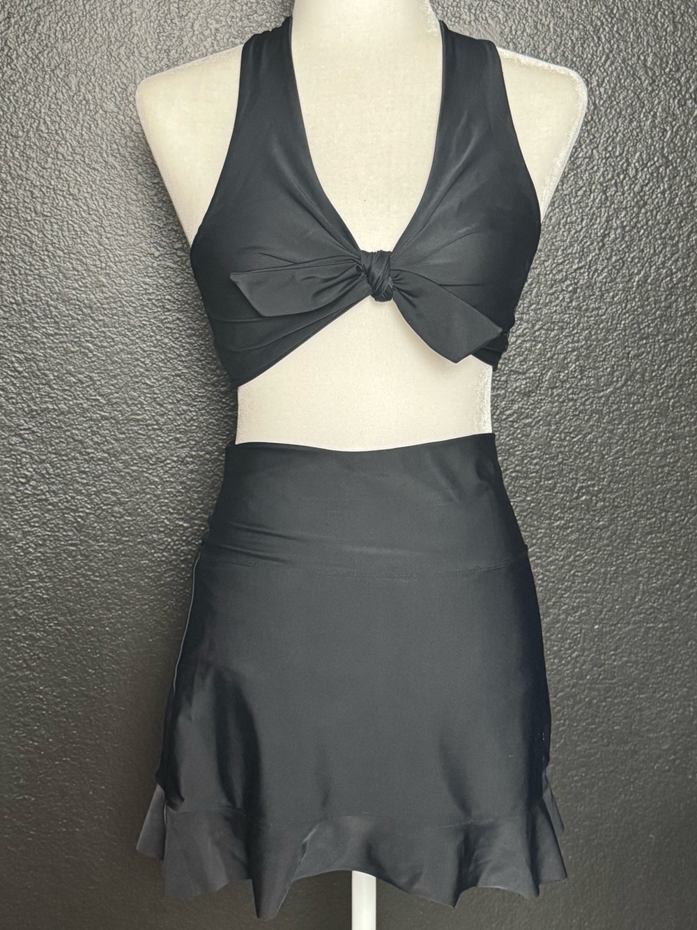 Albion Black Top Knot Bikini Top and Swim Skirt Suit S/M